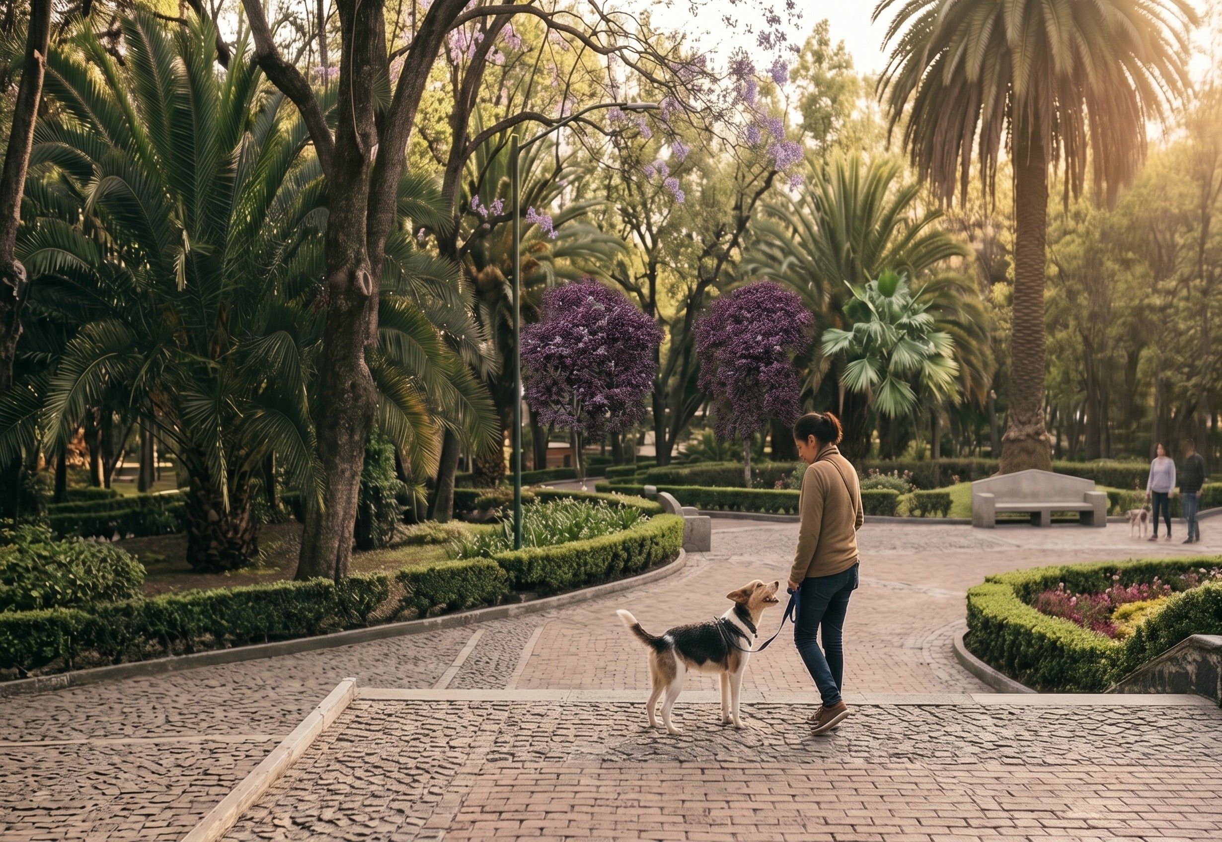 Persona redirigiendo a su perro con calma en un parque de Ciudad de México al ver otro perro a lo lejos