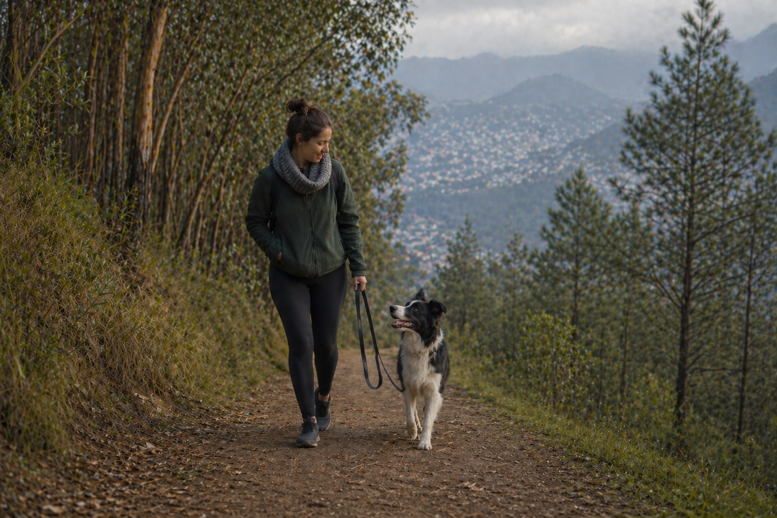 Perro caminando tranquilo con su tutor en sendero arbolado