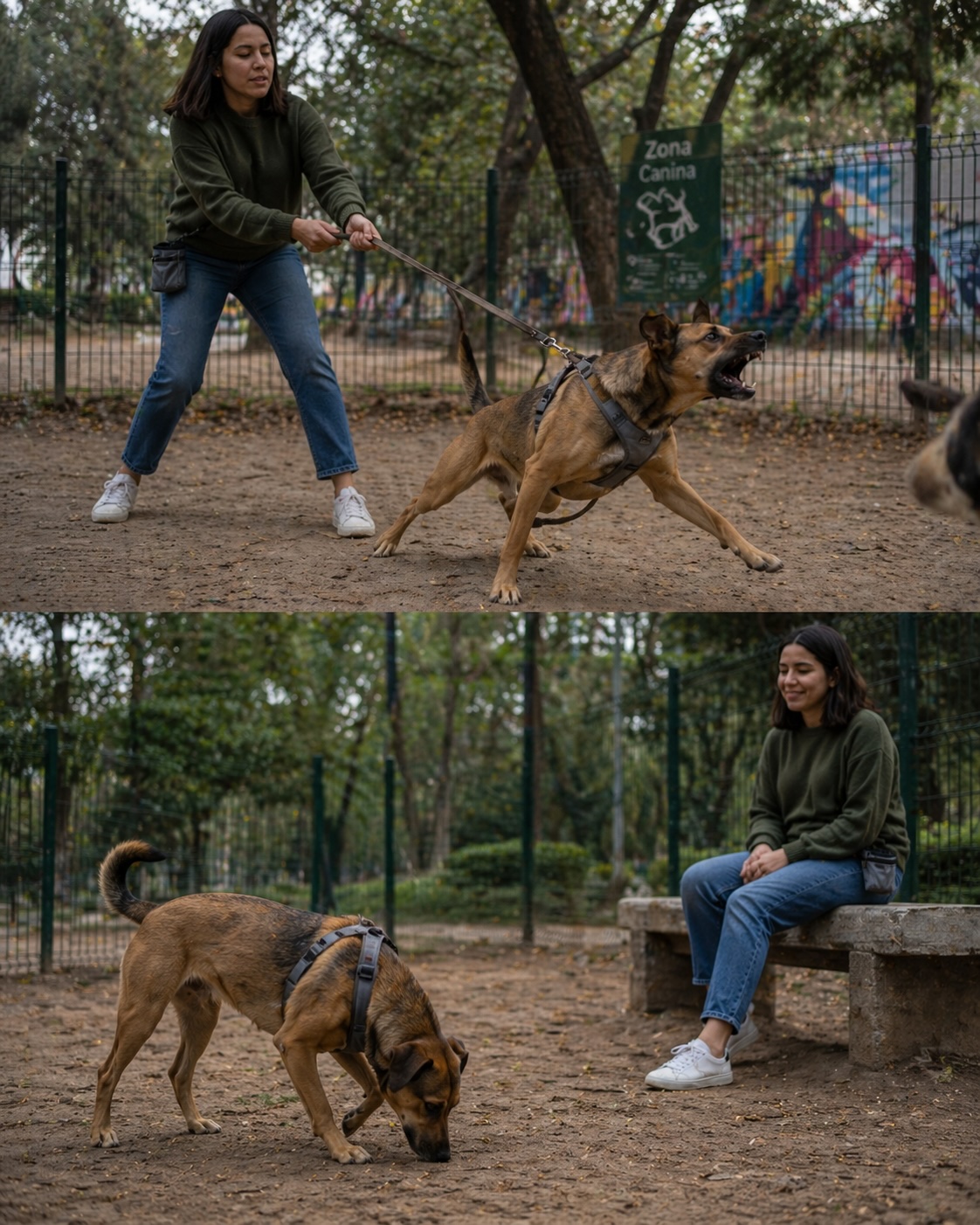 Comparativa: perro con correa tensa mostrando frustración y el mismo perro explorando tranquilo en área canina