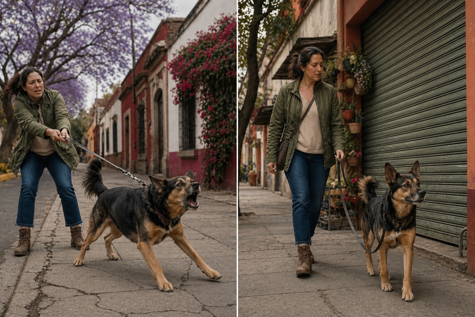 Comparativa entre un perro ladrando con tensión y otro perro alerta pero regulado durante el paseo