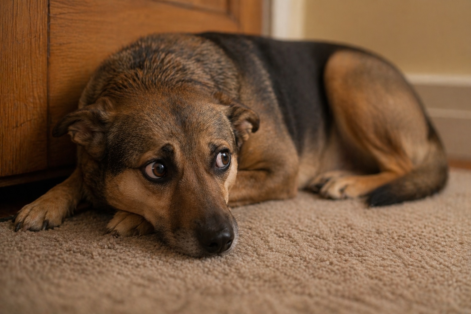 Perro acostado cerca de la puerta con orejas hacia atrás y postura tensa