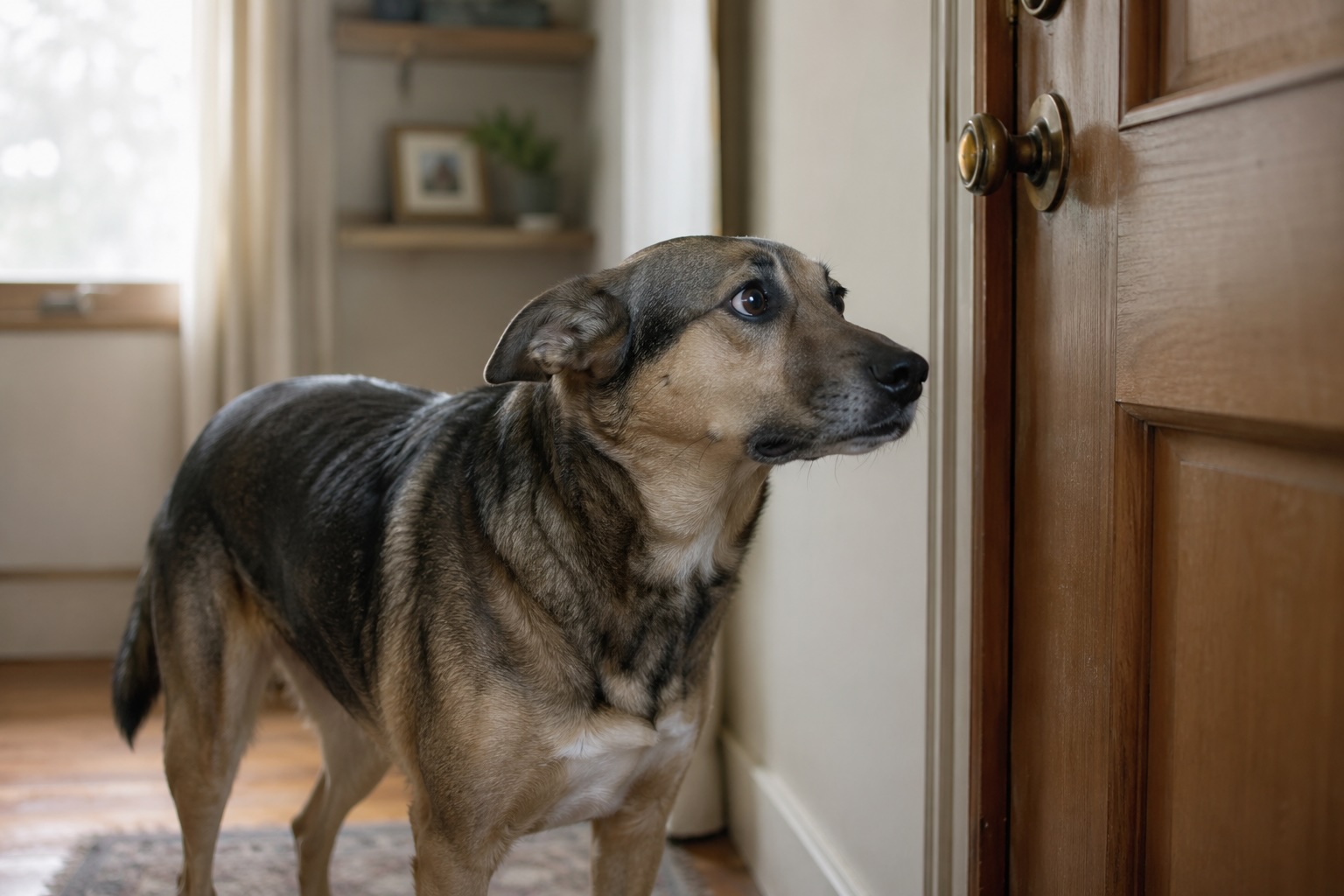 Perro solo en casa mostrando señales de malestar al quedarse sin su familia
