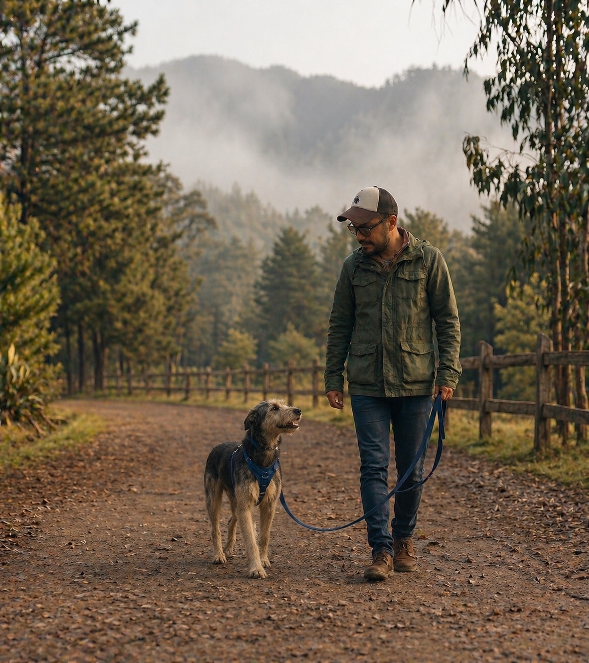 Pablo Alberto Herrera Santos paseando a su perro con la correa suelta en un sendero arbolado de la periferia de la Ciudad de México